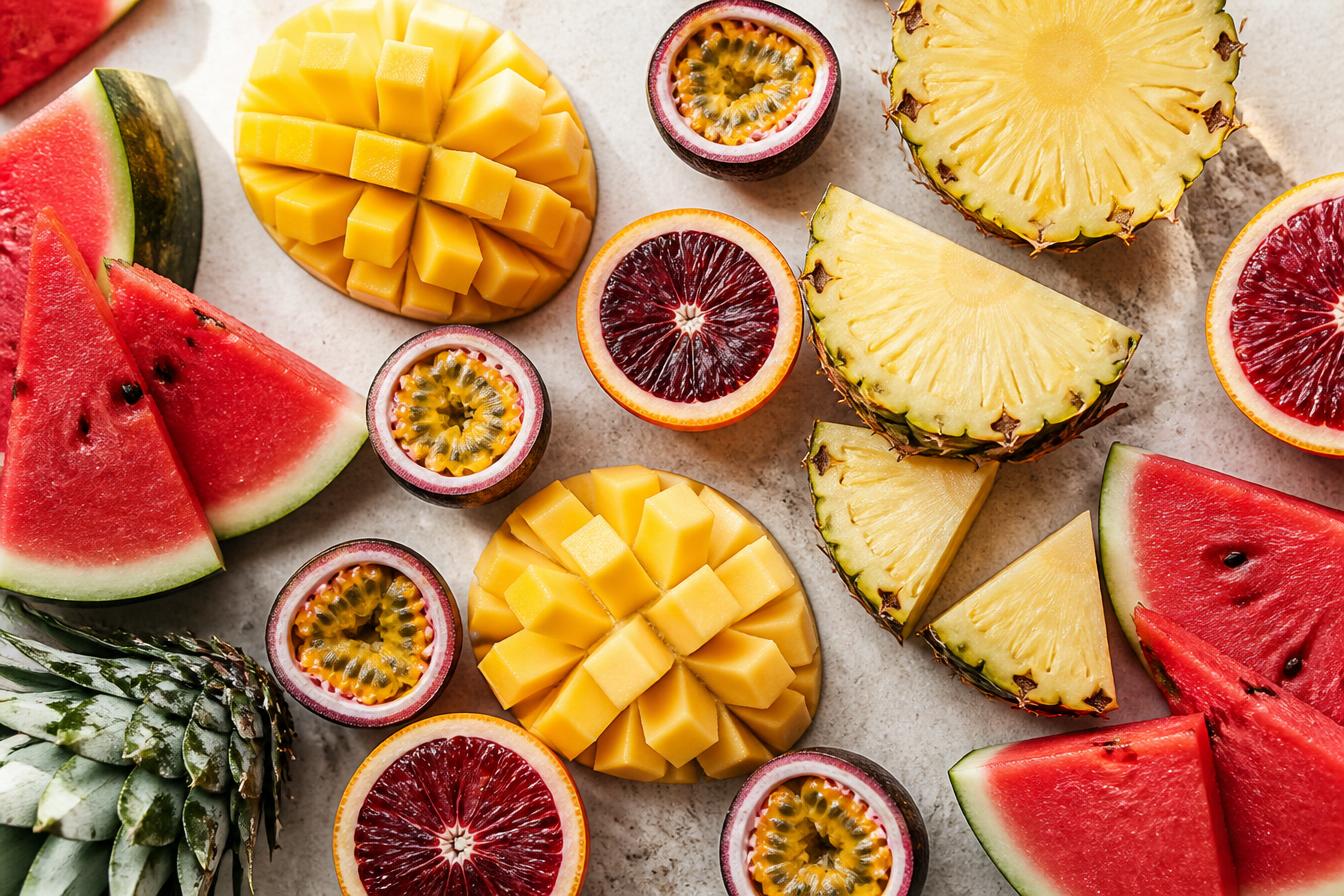 Tropical fruit flat lay