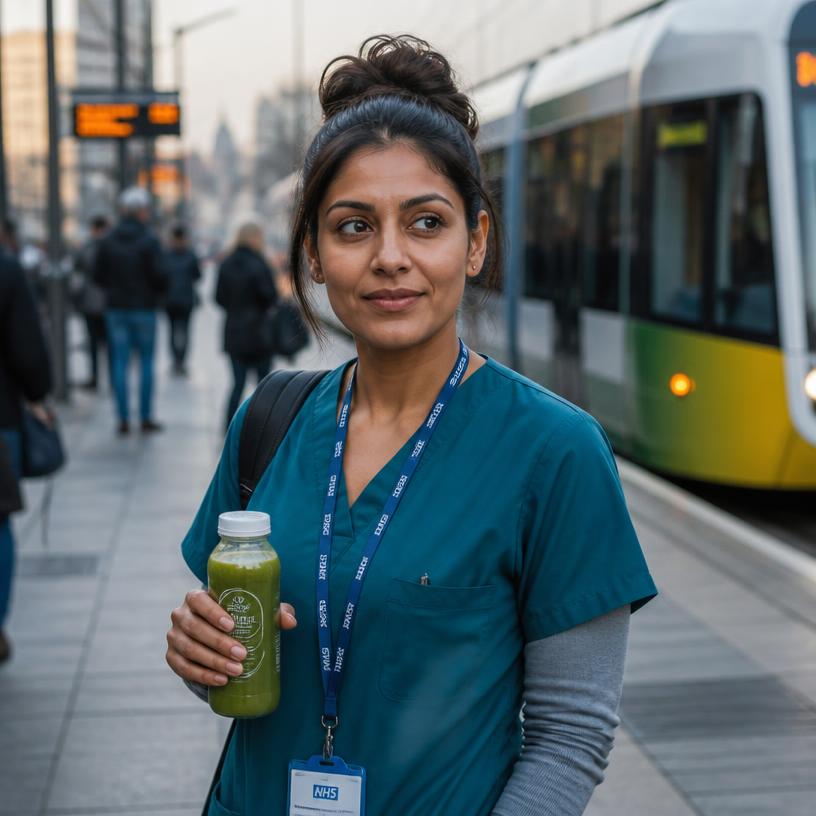 Sample persona portrait in context: physiotherapist at a morning tram stop
